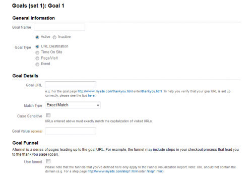 Image of Google Analytics Goal Set-up Page